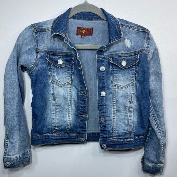 7 For All Mankind Jacket Girls Medium Denim Jean Button up Squad Stretch Party - Picture 1 of 4